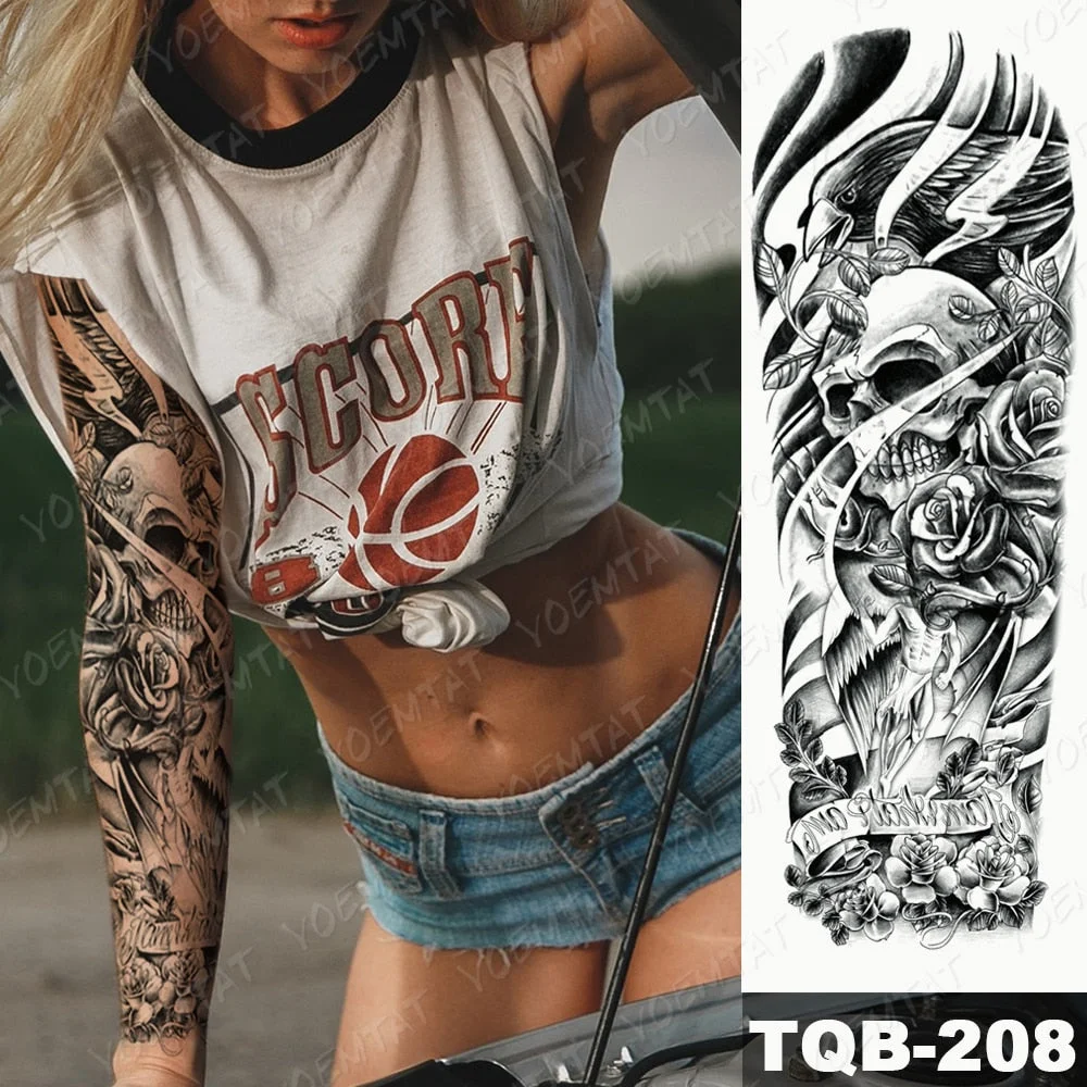 Large Arm Sleeve Tattoo Lion Cross Prayer Waterproof Temporary Tatto Sticker Tiger Beach Compass Body Art Full Fake Tatoo Men