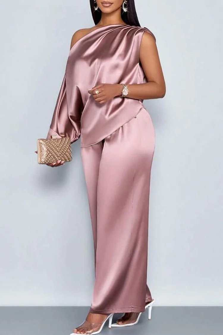 Plus Size Business Casual Pink Elegant Oblique Collar Short Sleeve Pocket Satin Two Piece Pant Sets [Pre-Order]