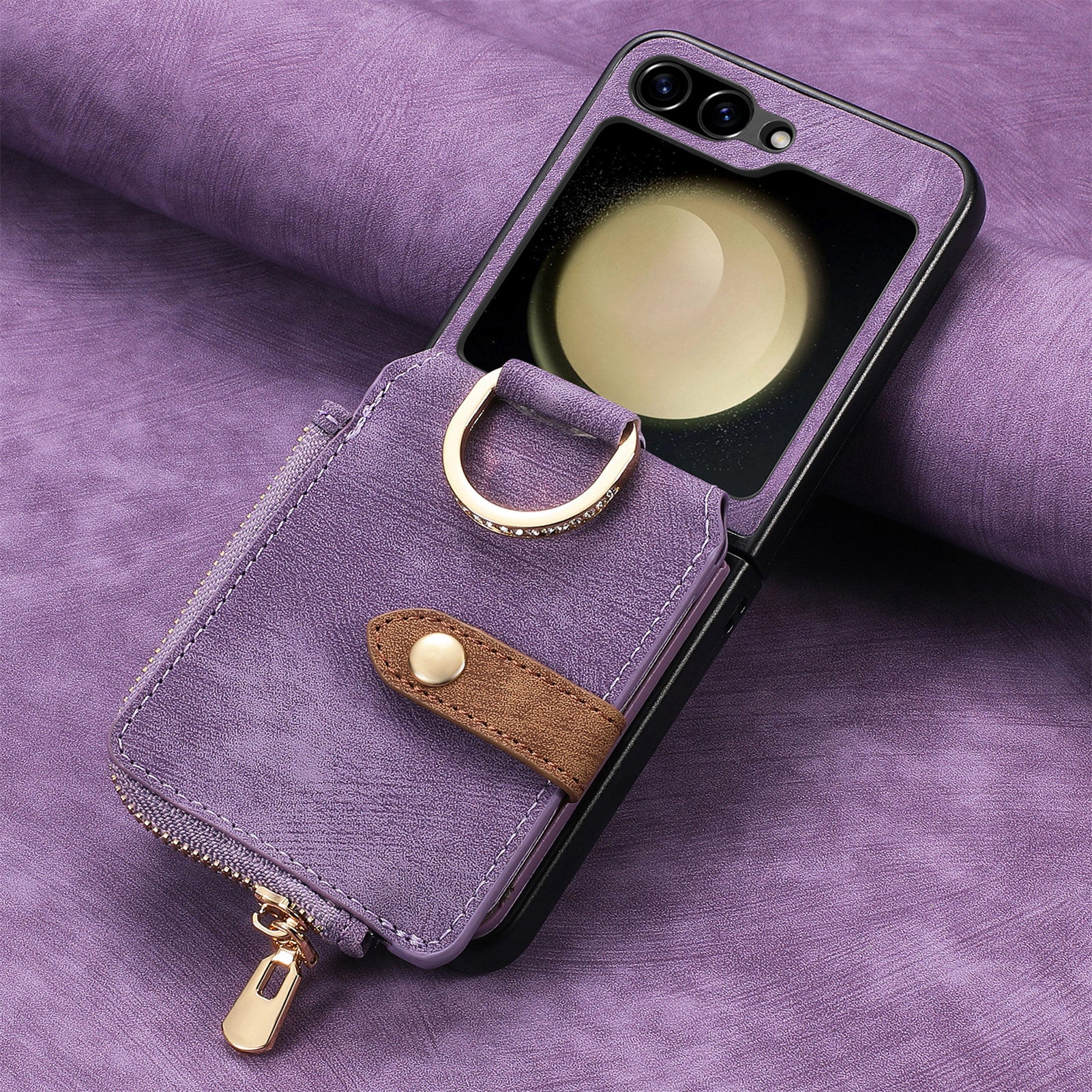 Suitable For Galaxy ZFlip3/4/5 Solid Color Leather Card Wallet Phone Case