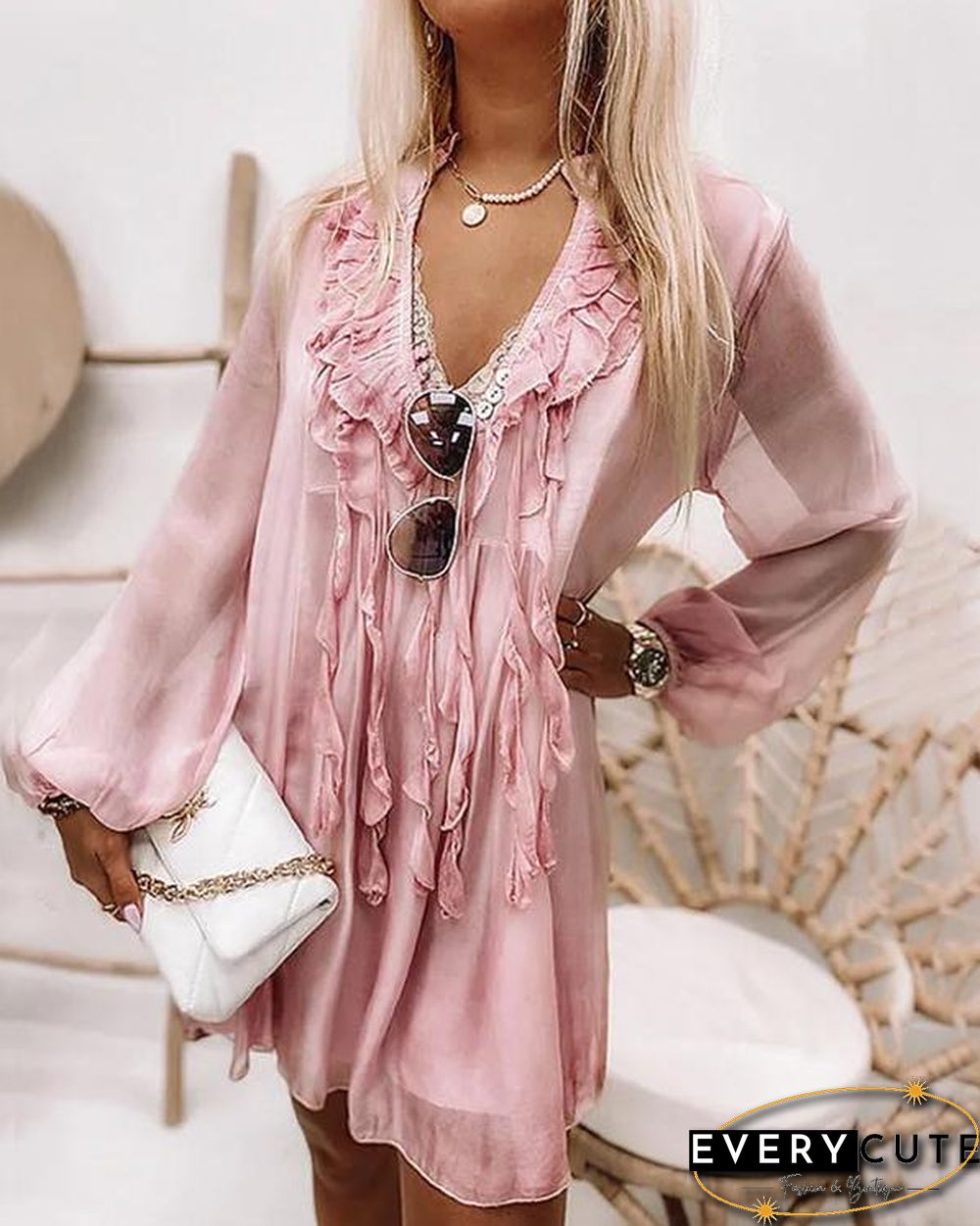 Ruffle Silk Tassel V Neck Chiffon Dress