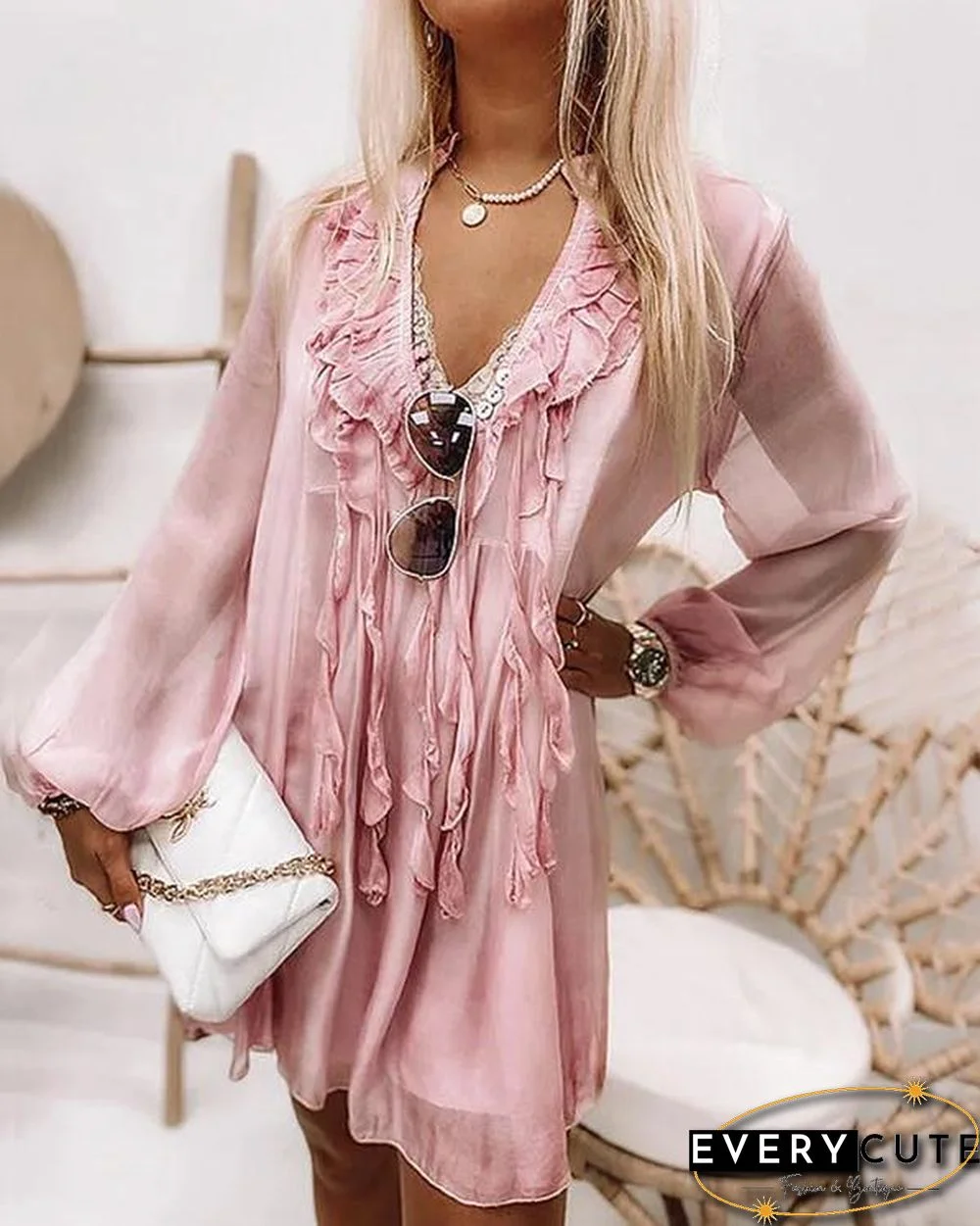 Ruffle Silk Tassel V Neck Chiffon Dress