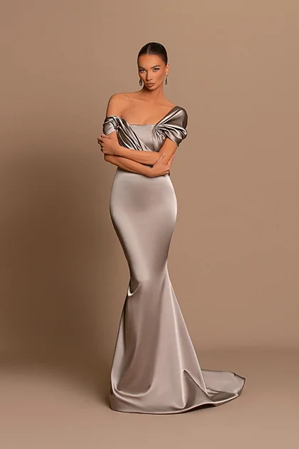 Oknass Glamorous Gray Off the Shoulder Sleeveless Mermaid Pleated Long Prom Dress