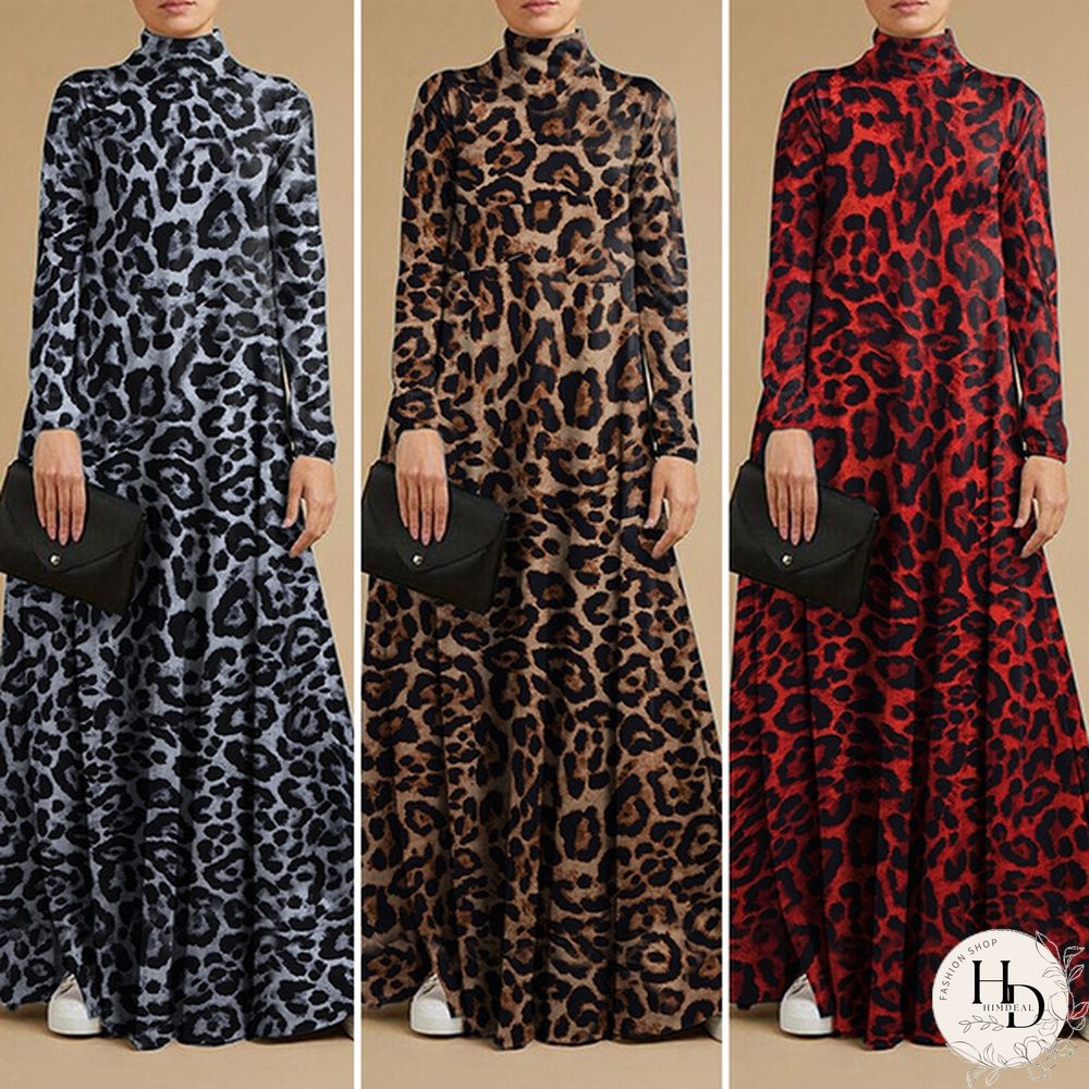 Women Holiday Leopard Print Long Sleeve Dress Ladies Baggy Long Maxi Shirt Dress