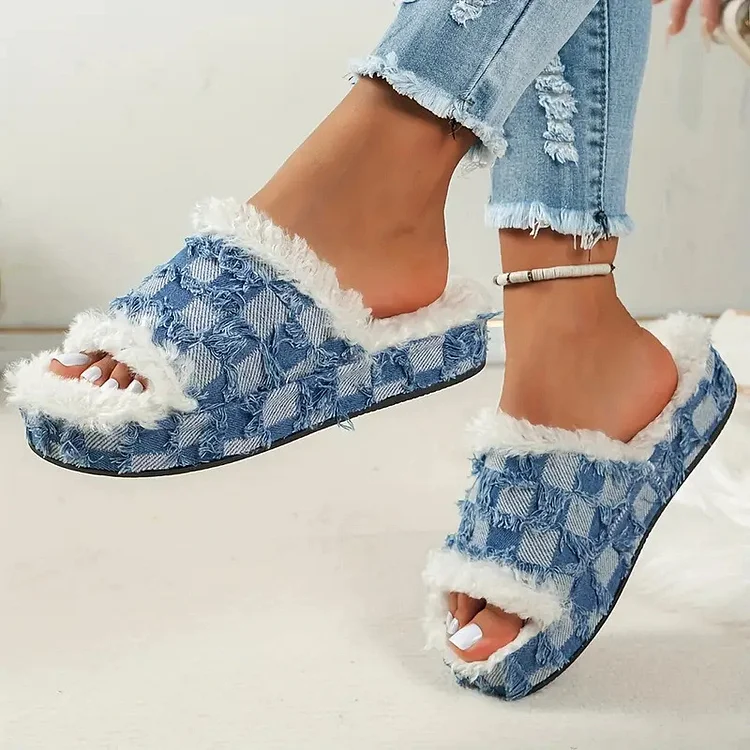 Casual Blue Denim Raw Trim Plush Peep-Toe Slippers