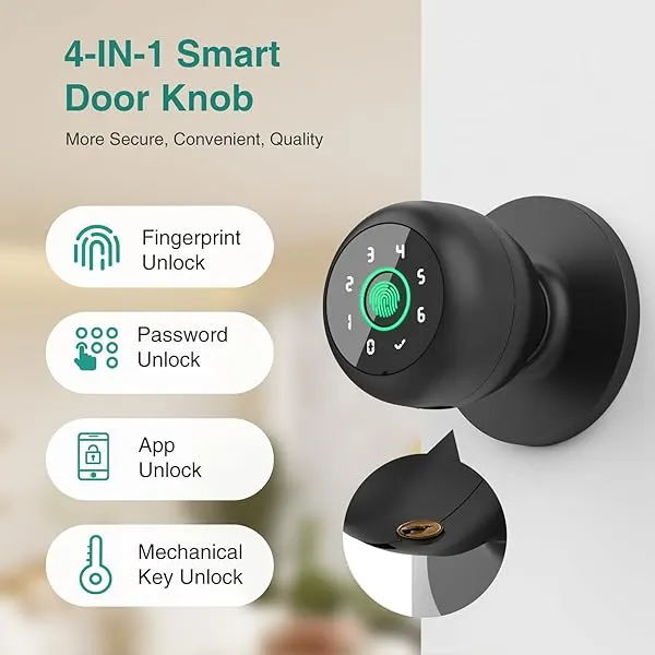 GHome 4 in 1 Smart Fingerprint Door Knob with Keypad Smart Door Lock, Biometric Door Knobs & App Control, Keyless Entry Door Lock Great for Home, Bedroom, Apartment Offices and Garages Black K10PRO