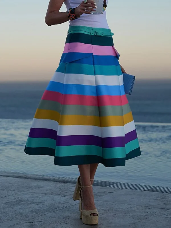 Striped Split-Joint Contrast Color Belted Loose A-Line Skirts Bottoms