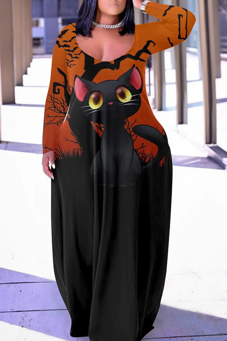 Xpluswear Plus Size Halloween Black Cat Print U Neck Long Sleeves Loose Maxi Dress 