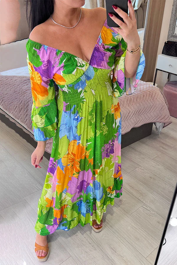 Vestido maxi com estampa floral com babados e bainha