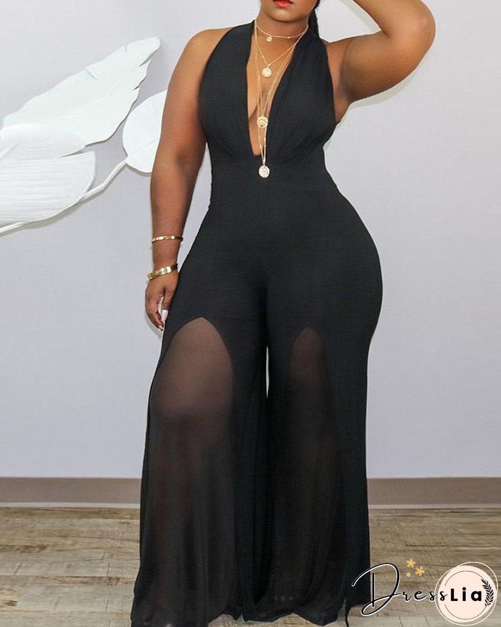 Plus Size Sleeveless Sheer Mesh Plunge Jumpsuit