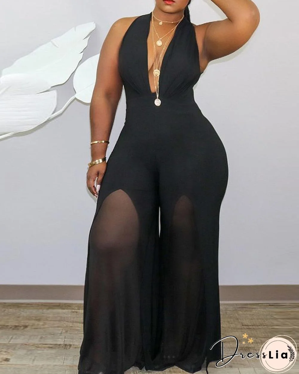 Plus Size Sleeveless Sheer Mesh Plunge Jumpsuit