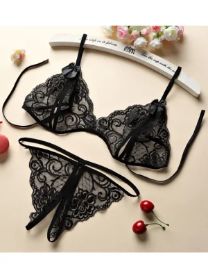 Pretty Charming Three-point Lingerie Open-file Bikini With Lace Lingerie Set