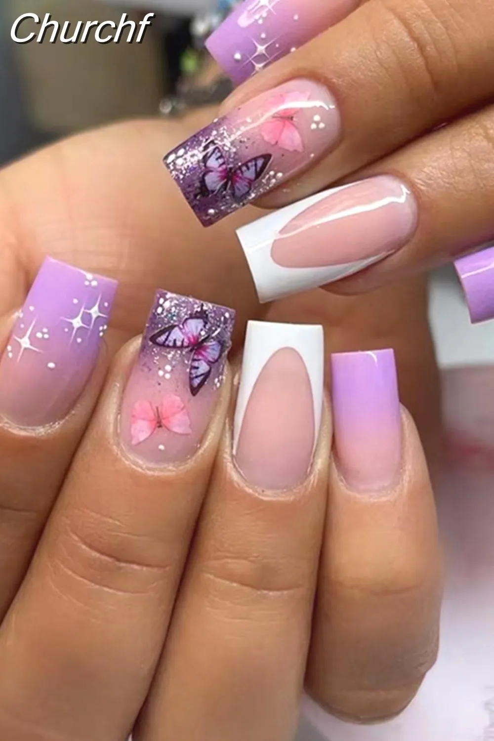 Churchf Nail Full Cover Fake Nail Pink Glitter Wearable French Short Nails Square Head False Nail Press On Nails Manicure Tool 715-1-Nail Inspo