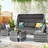 WOXYX 5 Pieces Outdoor Sectional Patio Rattan Sofa Set Rattan Daybed , PE Wicker Conversation Furniture Set w/ Canopy and Tempered Glass Side Table, Gray