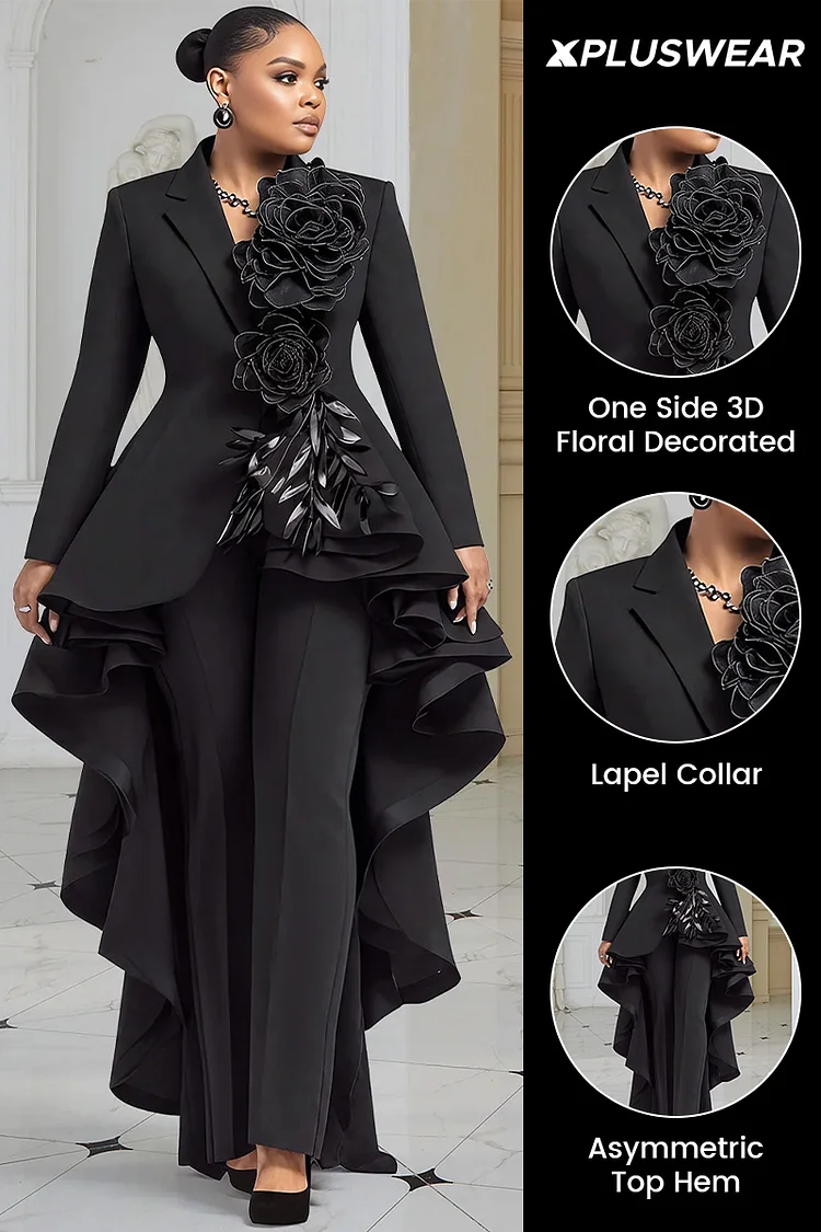Xpluswear Design Plus Size Wedding Guest Black Lapel Collar Long