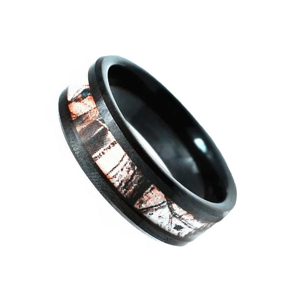 8mm Black Plated Mens Camouflage Hunting Inlay Tungsten Rings