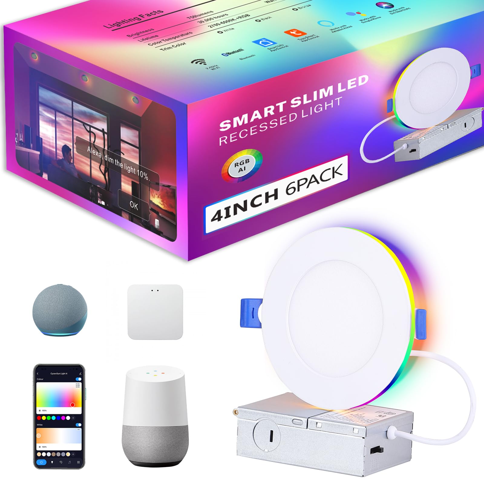 6 Pack Smart Recessed Lighting 4 Inch with RGB Color