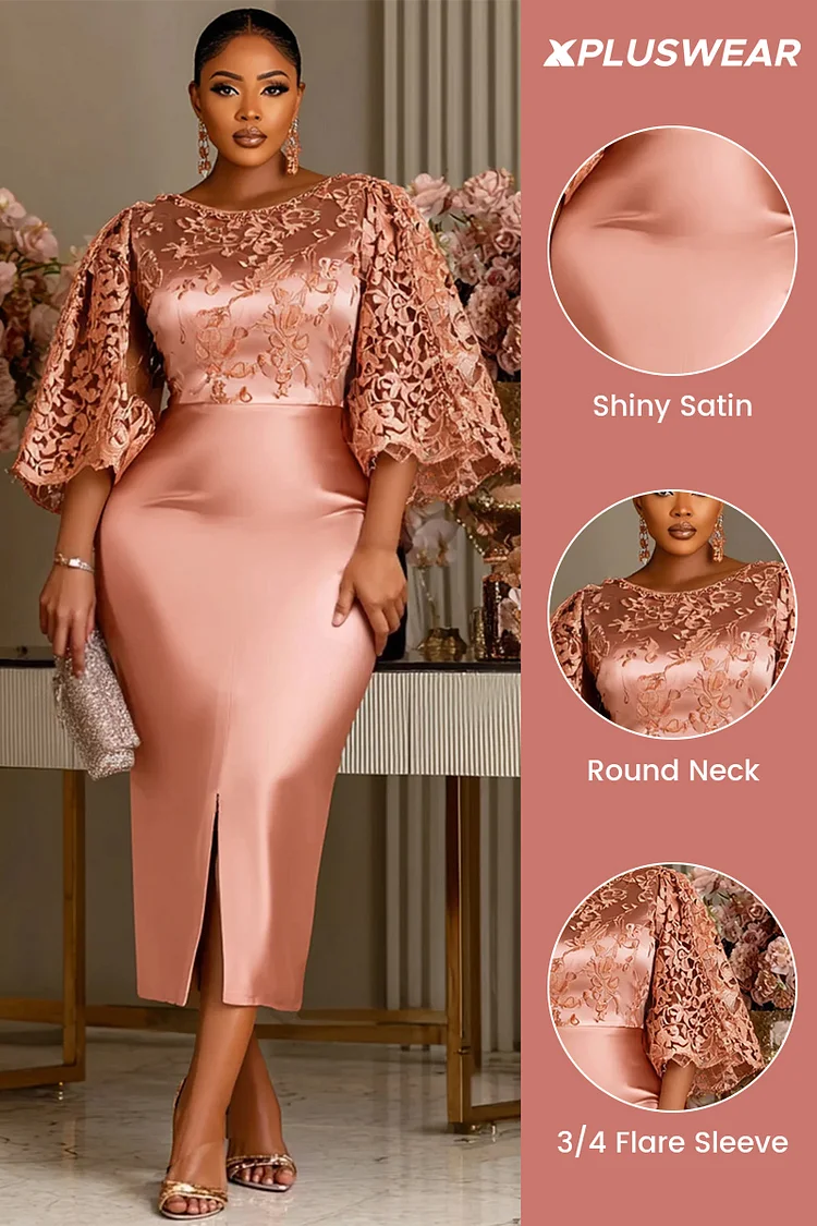Xpluswear Design Plus Size Wedding Guest Rose Gold Round Neck Flare 3/4 Sleeve Split Elegant Bodycon Satin Midi Dresses [Pre-Order]