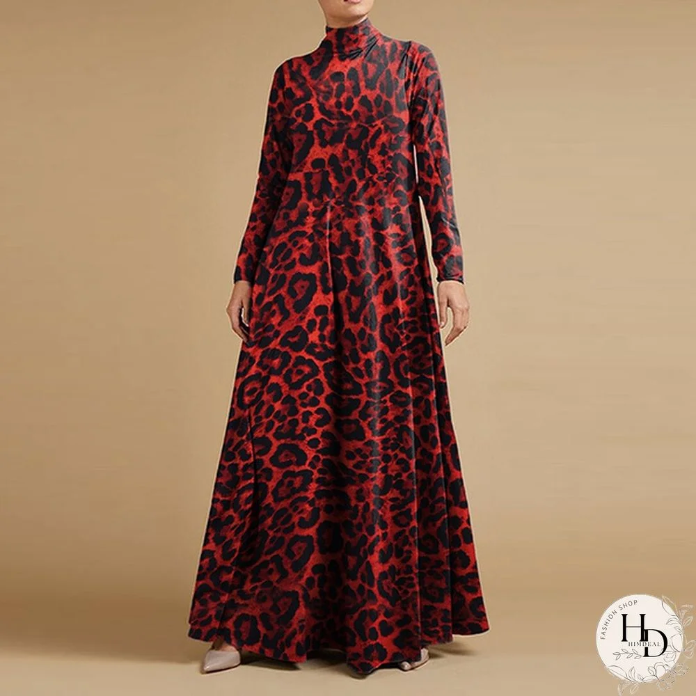 Women Holiday Leopard Print Long Sleeve Dress Ladies Baggy Long Maxi Shirt Dress