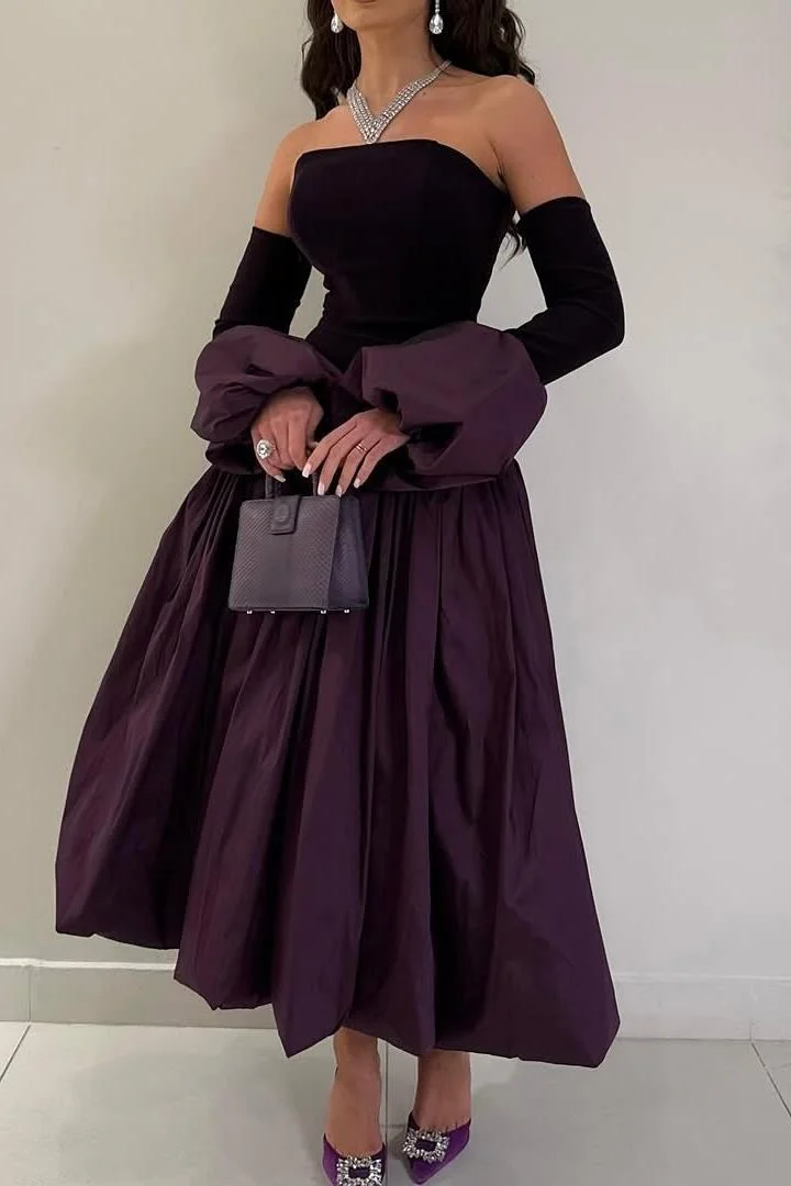 Glamorous Regency Satin Strapless Long Sleeves A Line Prom Dress with Pleated | Wiwidress 