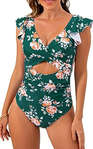 Ruffle Cutout Tummy Control V Neck Wrap One Piece Swimsuit 