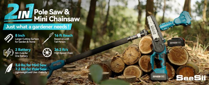 Seesii 2 in 1 Cordless Pole Saw & Mini Chainsaw with 2 Batteries