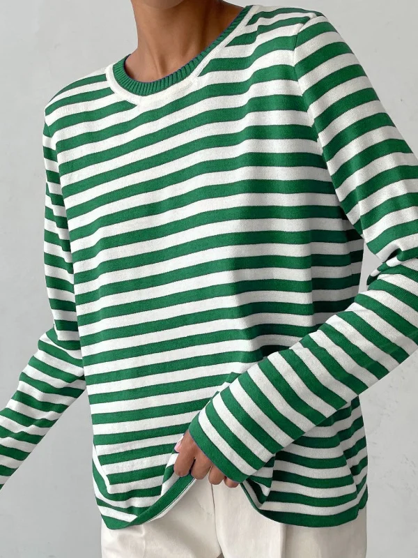 Loose Puff Sleeves Split-Side Solid Round-Neck Sweater Tops