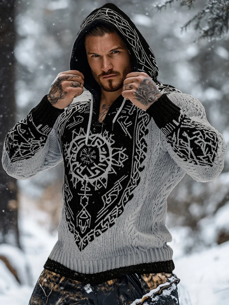 Men's Viking Tribal Jacquard Celtic Inspired Chunky Knit Hooded Sweater