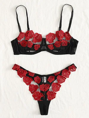 Floral Embroidered Mesh Triangle Lingerie Set