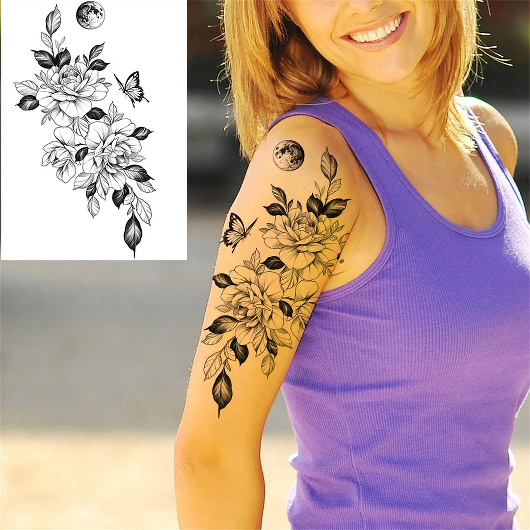 Flower Skull Temporary Tattoos For Women Men Adults Evil Skeleton Tattoo Sticker Fake Lavender Big Rose Black Tatoos Body Thigh
