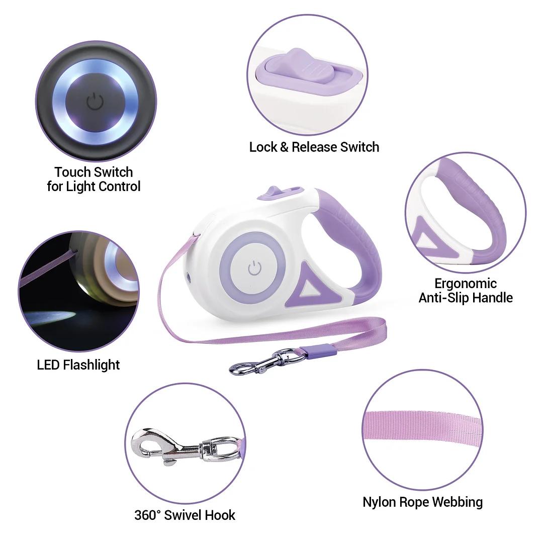 BEBANG Retractable Dog Leash, 16ft with Light, Anti-Slip Handle, One Button Brake & Lock Tangle-Free