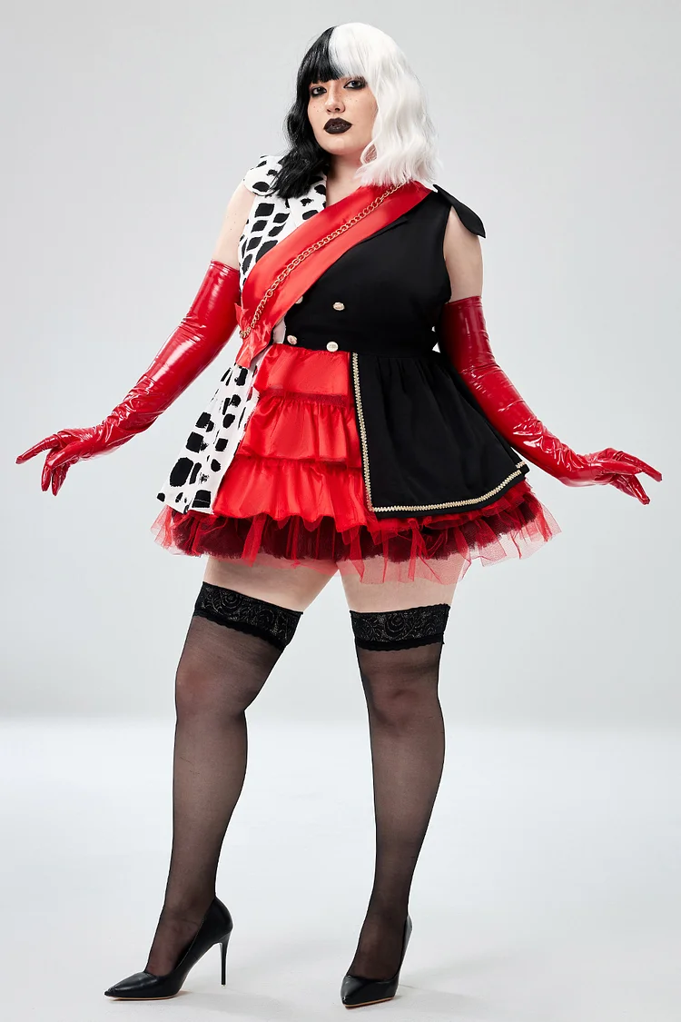 Xpluswear Design Plus Size Halloween Costume Red Colorblock Tulle Mini Dress（Ships 24h）
