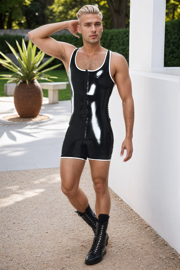 Men's Latex Bodysuits Short-Legged Latex Unitard- Contrast & 3-Way Zipper