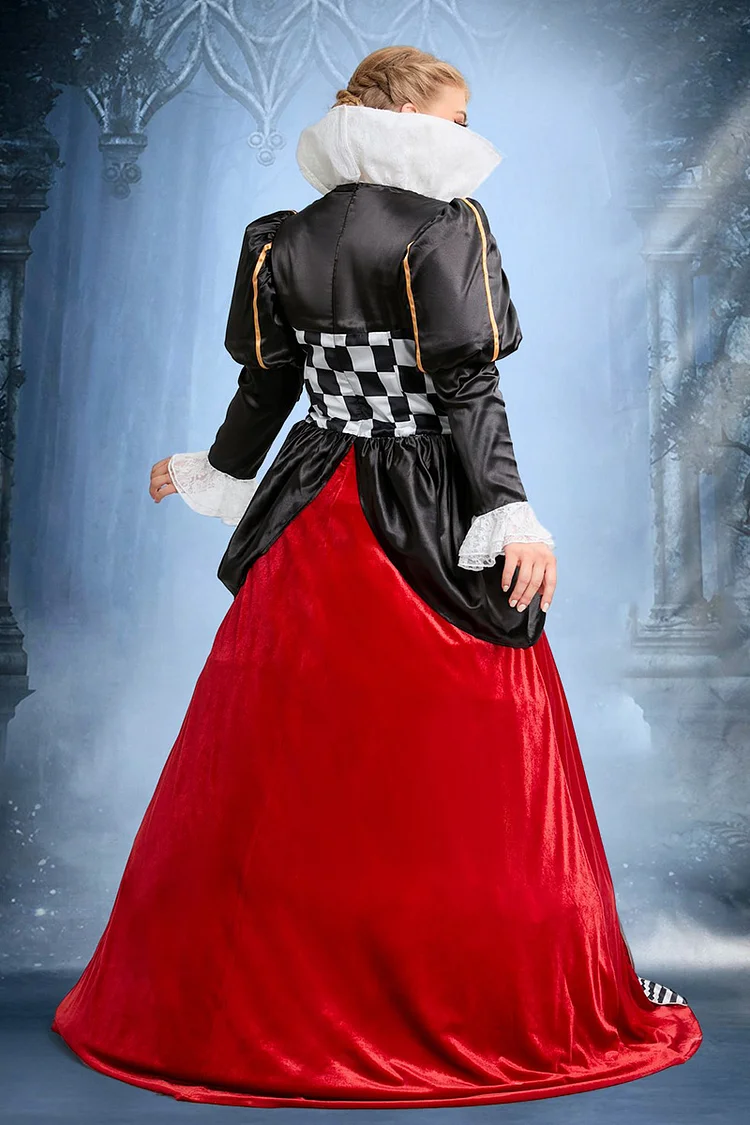 Xpluswear Design Plus Size Queen Of Hearts Halloween Costumes Checkered Print Lace Puff Sleeves Maxi Dress（Ships 24h）
