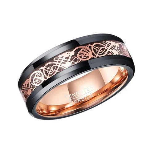 6MM 8MM 10MM Black with Rose Gold Tungsten Celtic Dragon Knot with Resin Inlay and Rose Gold Inside Tone Rings
