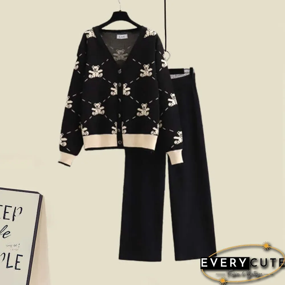 Plus Size Bear Print Cardigan Sweater Pants Two Pieces Set