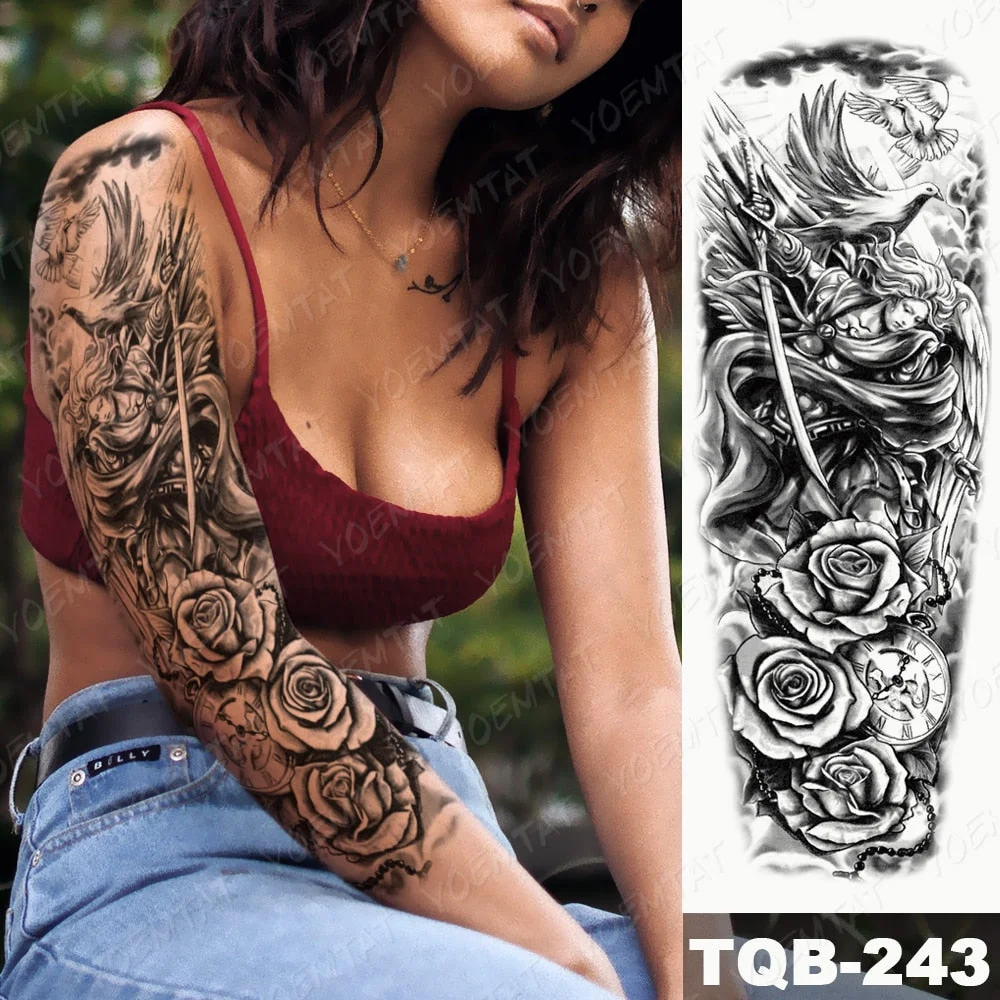 Large Arm Sleeve Tattoo Lion Cross Prayer Waterproof Temporary Tatto Sticker Tiger Beach Compass Body Art Full Fake Tatoo Men