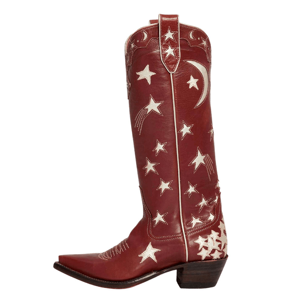 Maroon Snip Toe Chunky Heel Star Moon Inlay Knee-High Cowgirl Boots Nicepairs