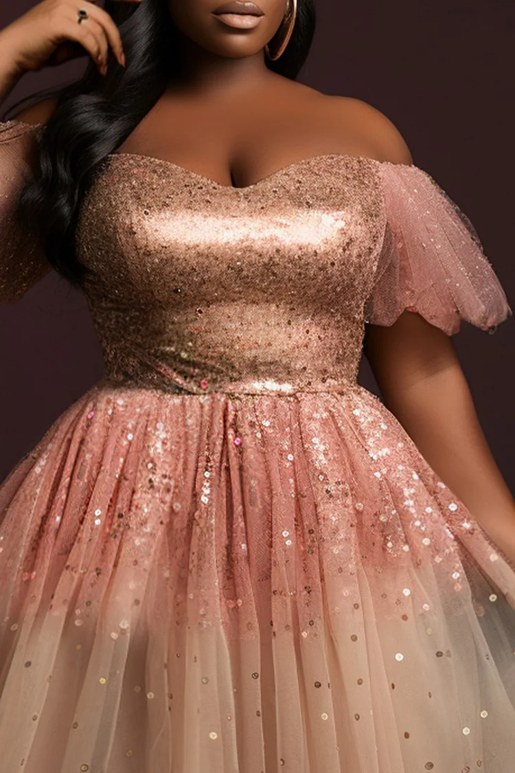 Xpluswear Design Plus Size Cocktail Party Pink Elegant Off The Shoulder Short Sleeve Tulle Mini Dresses