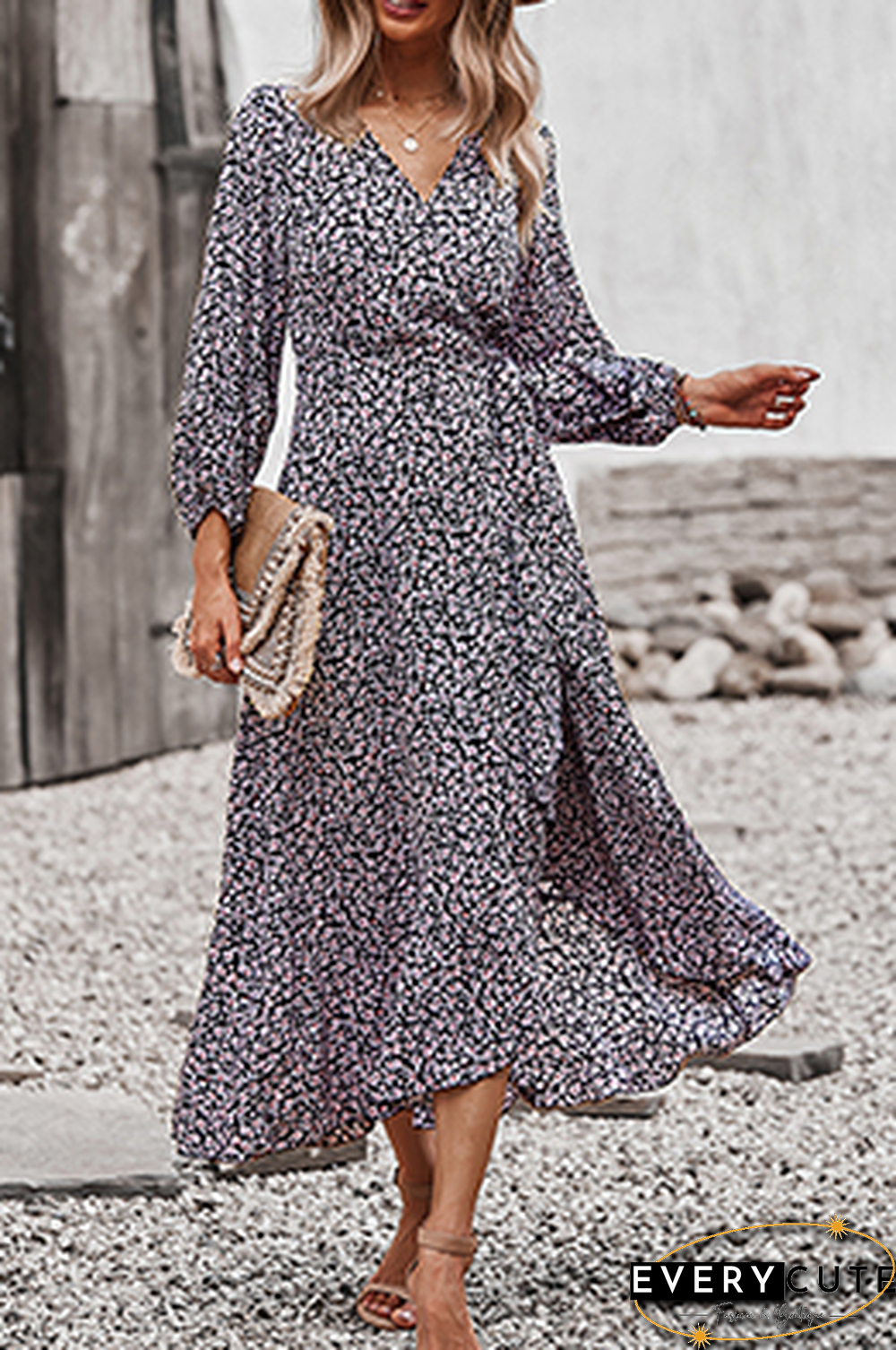 Elegant Floral Flounce Strap Design V Neck A Line Dresses(5 colors)