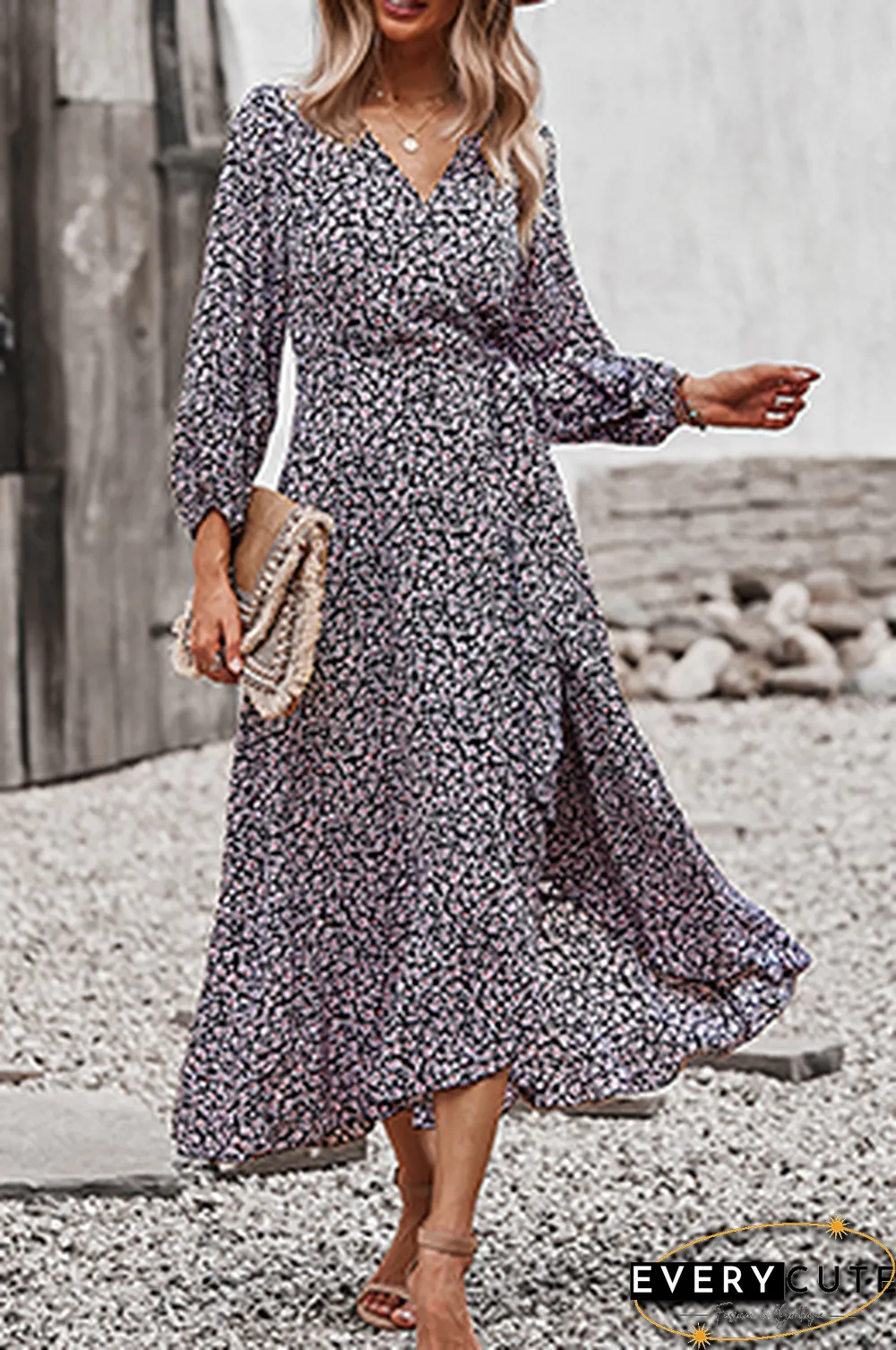 Elegant Floral Flounce Strap Design V Neck A Line Dresses(5 colors)