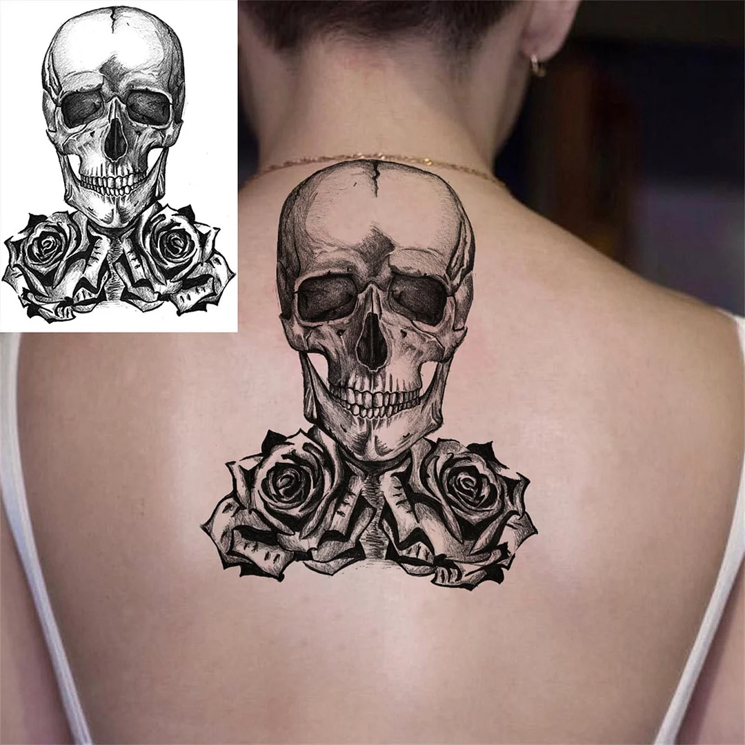 Flower Skull Temporary Tattoos For Women Men Adults Evil Skeleton Tattoo Sticker Fake Lavender Big Rose Black Tatoos Body Thigh