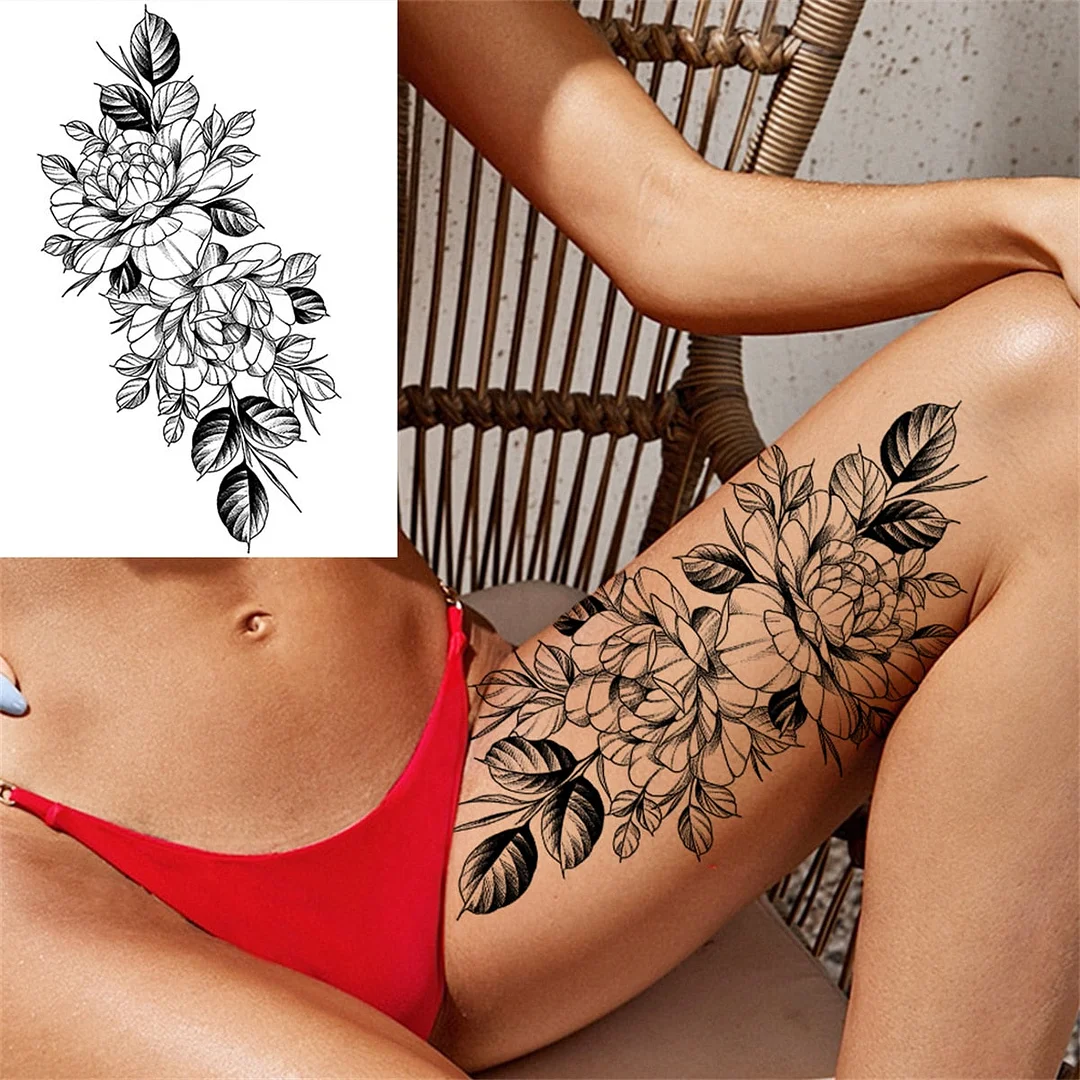Flower Skull Temporary Tattoos For Women Men Adults Evil Skeleton Tattoo Sticker Fake Lavender Big Rose Black Tatoos Body Thigh