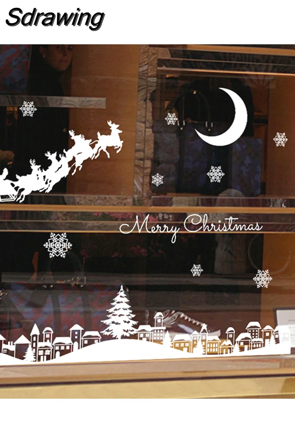 Sdrawing Moon Night electrostatic Stickers snowflake Elk Glass Window wall stickers Xmas Decorative Design Decor Home Decals