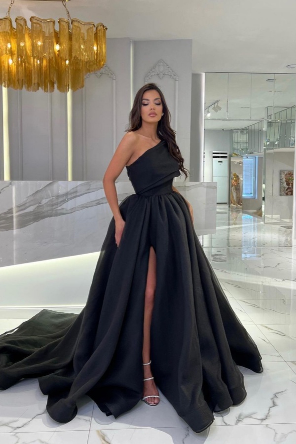 Ovlias Black A Line Prom Dress One Shoulder Long Split Sleeveless YH0048