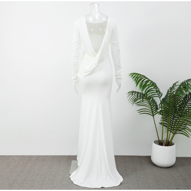 Fashion Solid Hollow Out Maxi Dress For Women Elegant Round Neck Long Sleeve Backless Slim Dresses 2025 New Female Evening Gowns