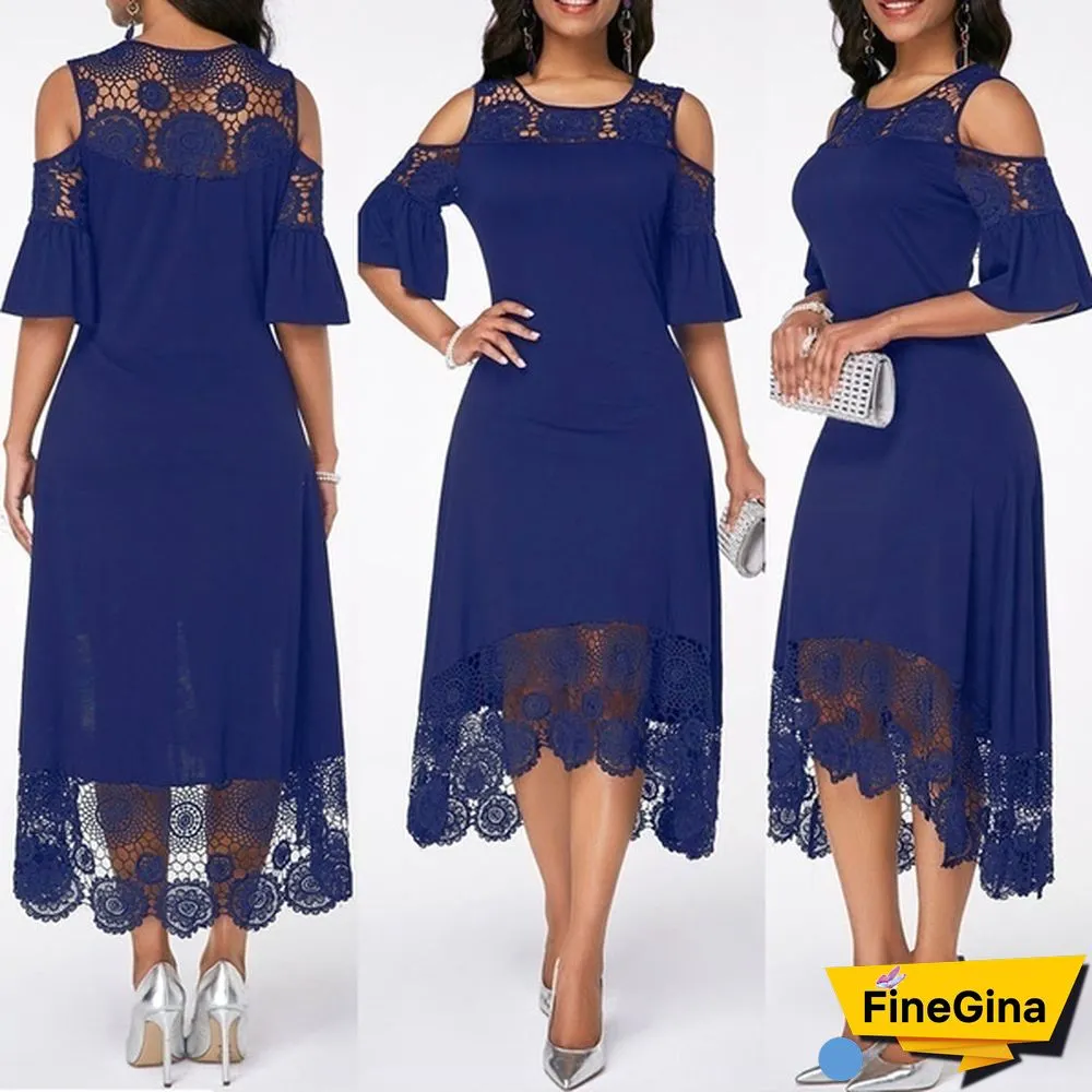 New Fashion Women Elegant Crochet Lace Cold Shoulder Long Dress Party Casual Dress Plus Size
