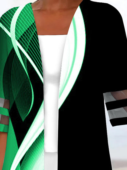 Women Half Sleeve Scoop Neck Striped Printed Colorblock Two-Pieced Tops