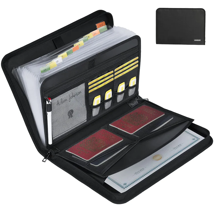 JUNDUN Accordion File Organizer - Fireproof Accordion Folder with Zipper & Labels