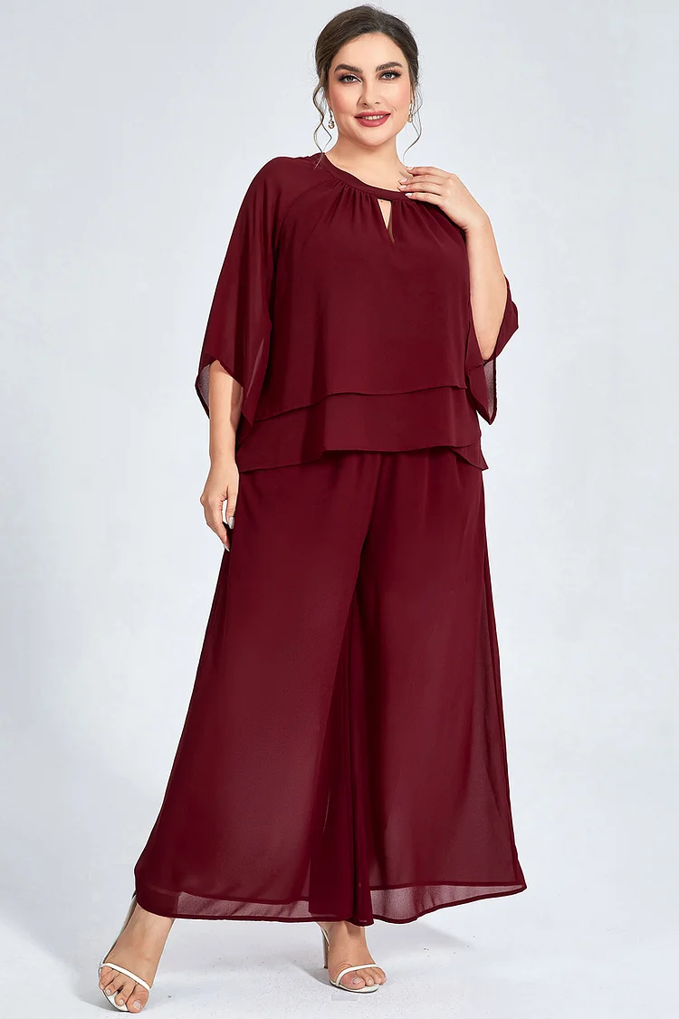 Flycurvy Plus Size Formal Burgundy Chiffon Ruffle Sleeve Cut Out Wide Leg Two Piece Pant Suit  Flycurvy [product_label]