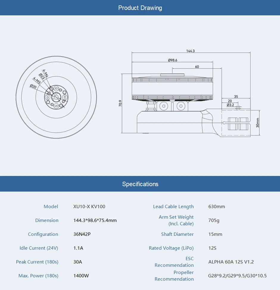 T-MOTOR XU10-X UAV propulsion system specifications